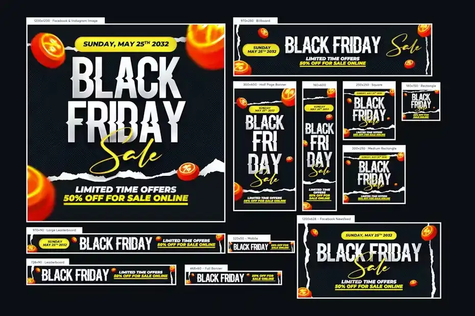 طرح لایه باز بنر بلک فرایدی Black Friday Sale Banners Ad - 1