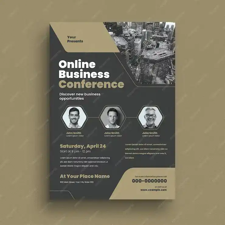 دانلود طرح لایه باز تراکت کنفرانس کسب و کار آنلاین Black gold online business conference flyer - 2 طرح لایه باز تراکت کنفرانس کسب و کار آنلاین - 1