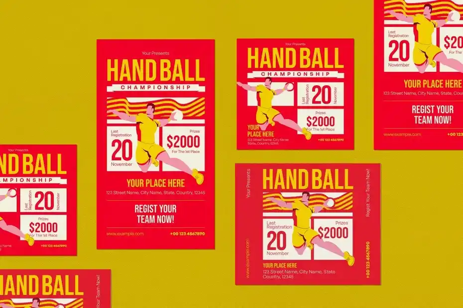 دانلود طرح لایه باز تراکت هندبال Red Simple Hand Ball Flyer Set - 2 طرح لایه باز تراکت هندبال - 1