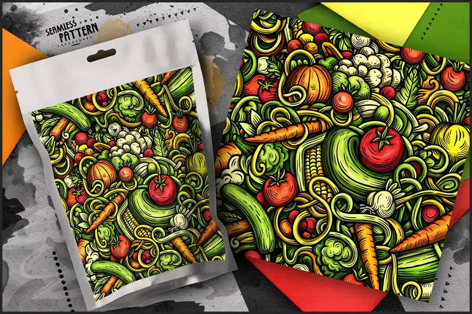 دانلود پترن سبزیجات کارتونی Vegetables Doodle Cartoon Seamless Pattern - 4 پترن سبزیجات کارتونی - 3