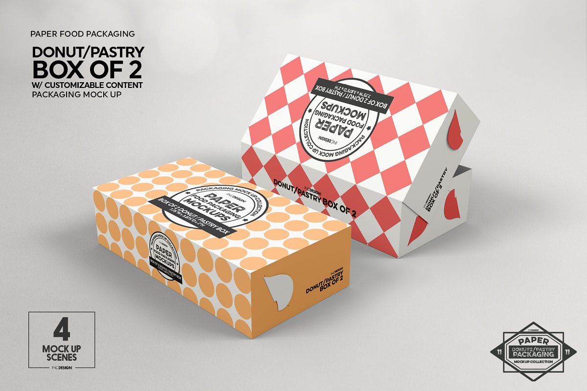 Download دانلود موکاپ جعبه شیرینی دونات Box of Two Donut Pastry Box Mockup