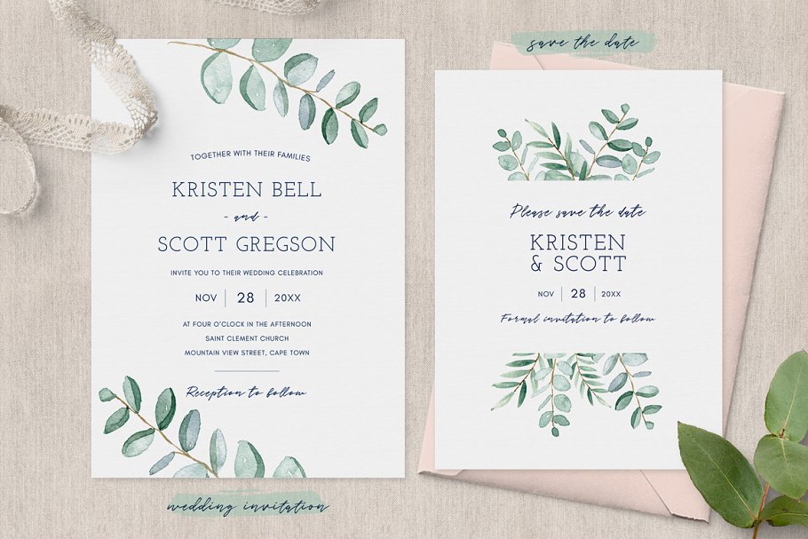 فایل لایه باز کارت دعوت عروسی Eucalyptus Wedding Invitation Suite