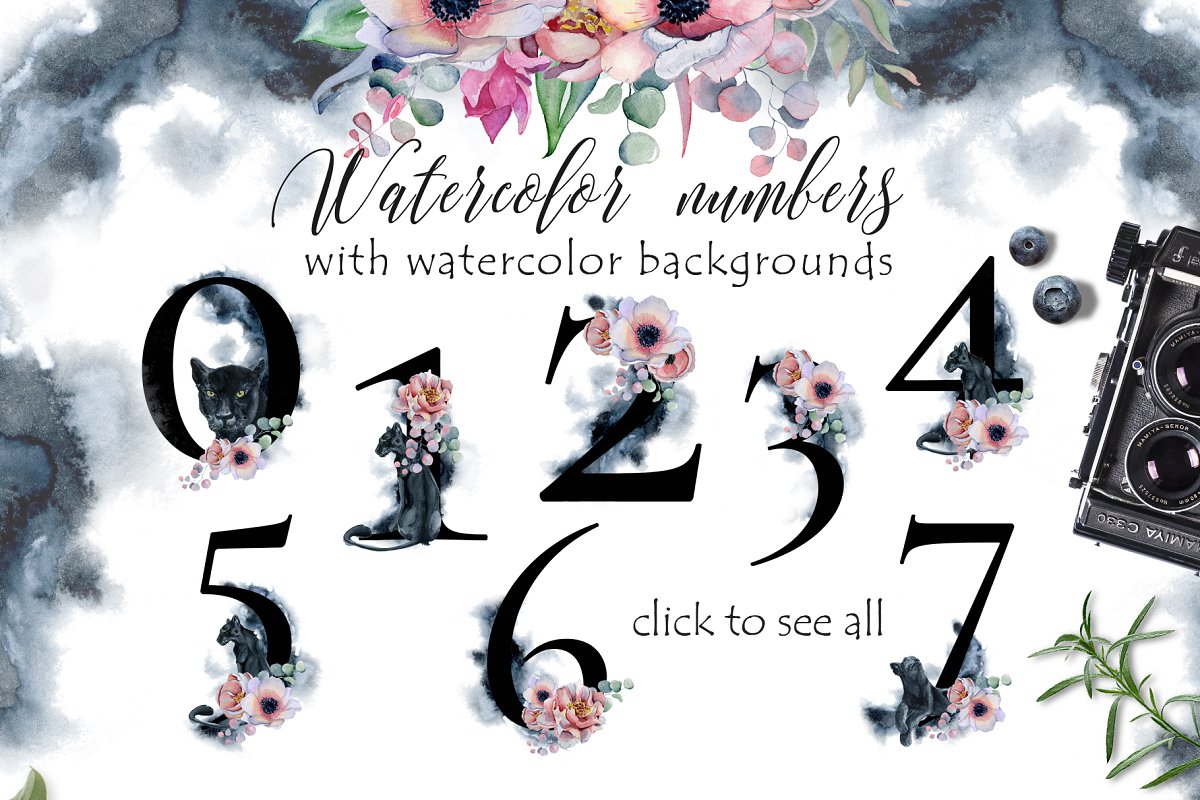 کلیپ آرت آبرنگی گل Panthers & Floral Watercolor set - 6