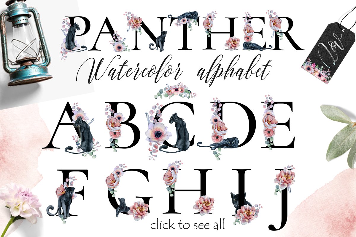 کلیپ آرت آبرنگی گل Panthers & Floral Watercolor set - 8