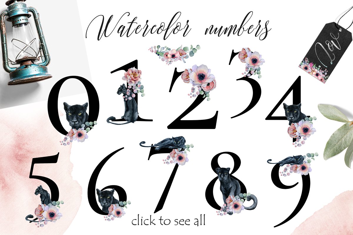 کلیپ آرت آبرنگی گل Panthers & Floral Watercolor set - 10