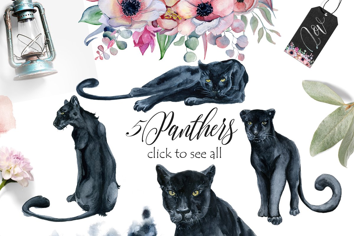 کلیپ آرت آبرنگی گل Panthers & Floral Watercolor set - 14