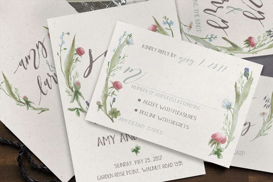 فایل لایه باز کارت دعوت عروسی Watercolor Flower Wedding Suite