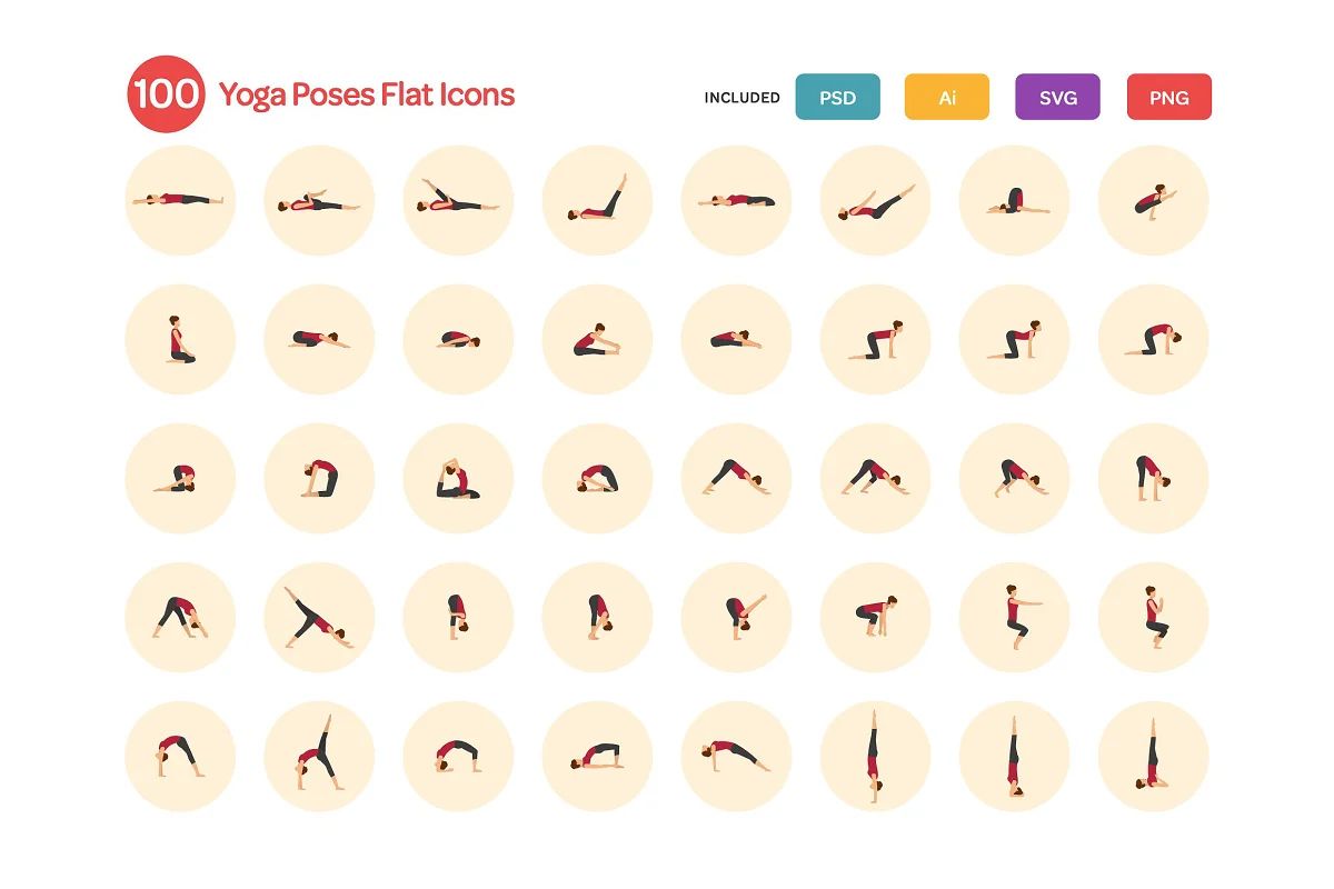 آیکون یوگا Yoga Poses Flat Icons Set - 6