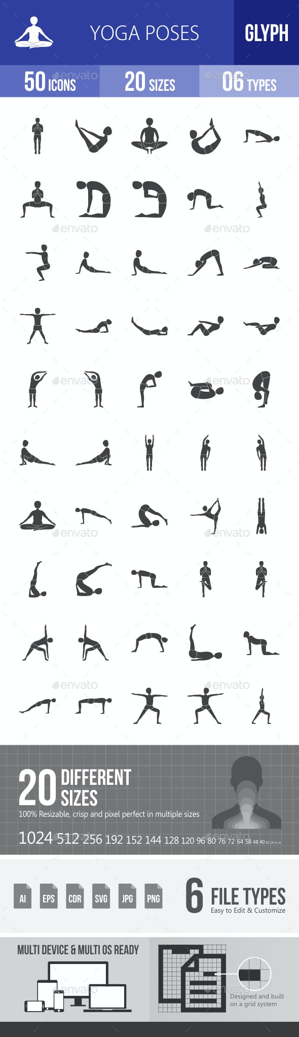 وکتور آیکون یوگا Yoga Poses Glyph Icons