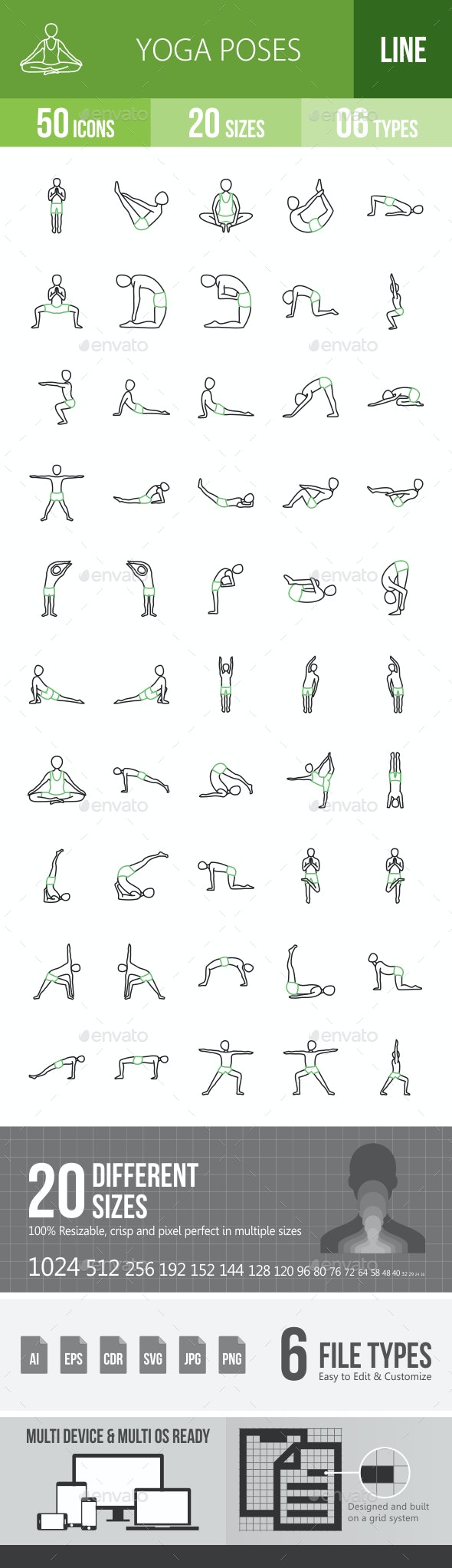 وکتور آیکون یوگا Yoga Poses Line Green & Black Icons